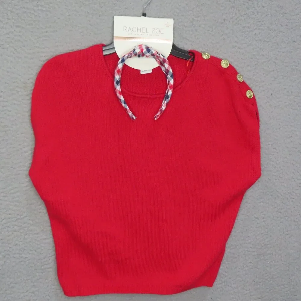 Rachel Zoe Knit Boxy Sweater Headband Set Large Red Short Sleeve Button Details‎